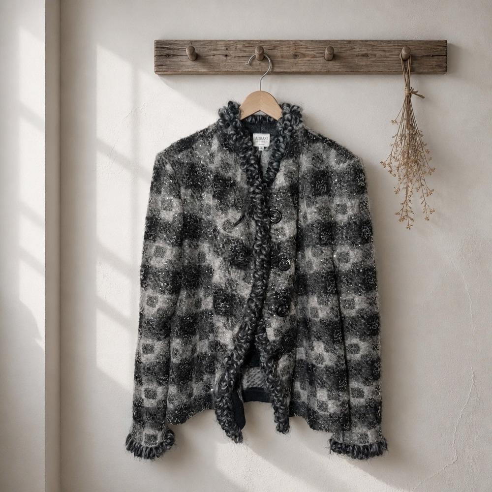 Armani Collezioni Gray Black Plaid Sequin Trim Jacket Made in Italy Size 46